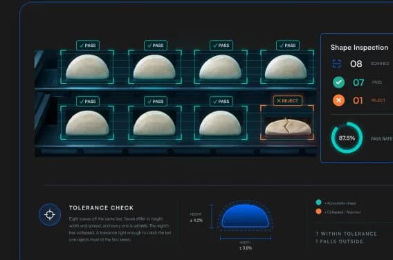 Shape inspection dashboard comparing eight loaves