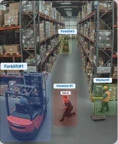 Warehouse floor with people and forklifts detected by AI